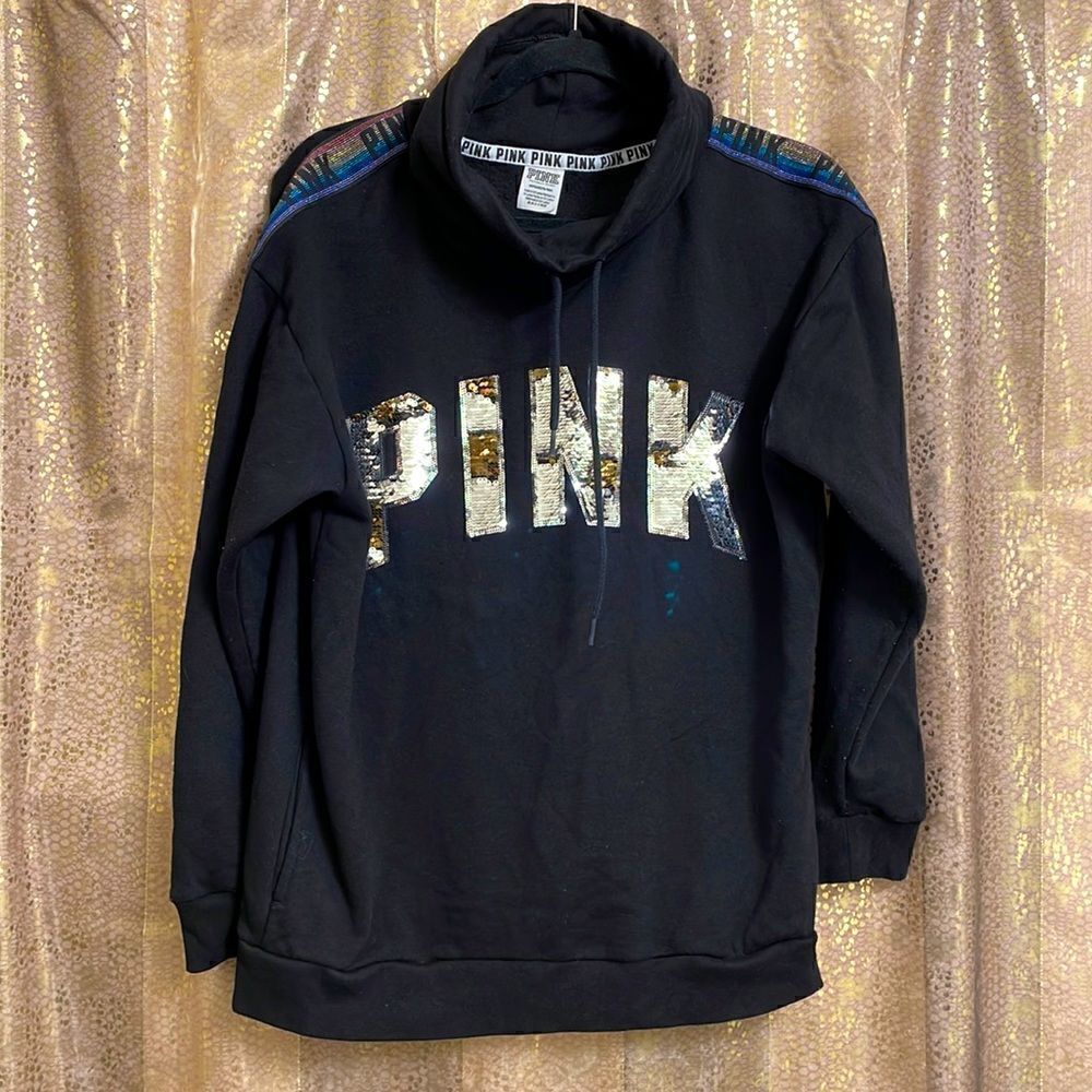 PINK Victoria’s Secret black cowl neck, rainbow stripe, sequin bling sweater, S